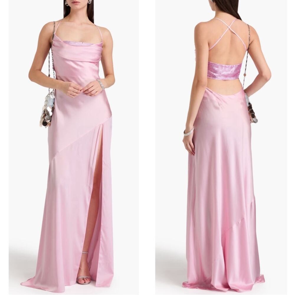 RETROFETE Emery Crystal Embellished Silk Cowl Neck Pink Maxi Dress Size Large